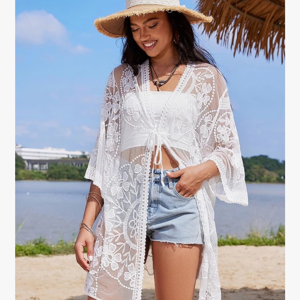 Women's White Lace Kimono Cover-Up - Lightweight Beach Wrap